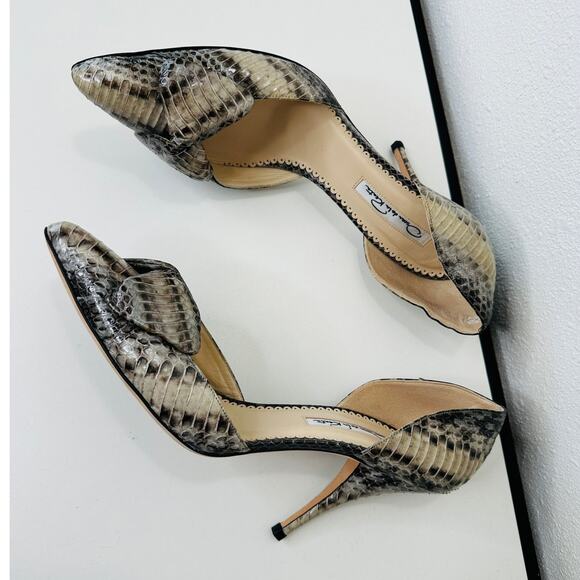 Oscar de la Renta Leather Snakeskin Front Bow Pointed Toe Heel 37 / 6.5 - Picture 7 of 14